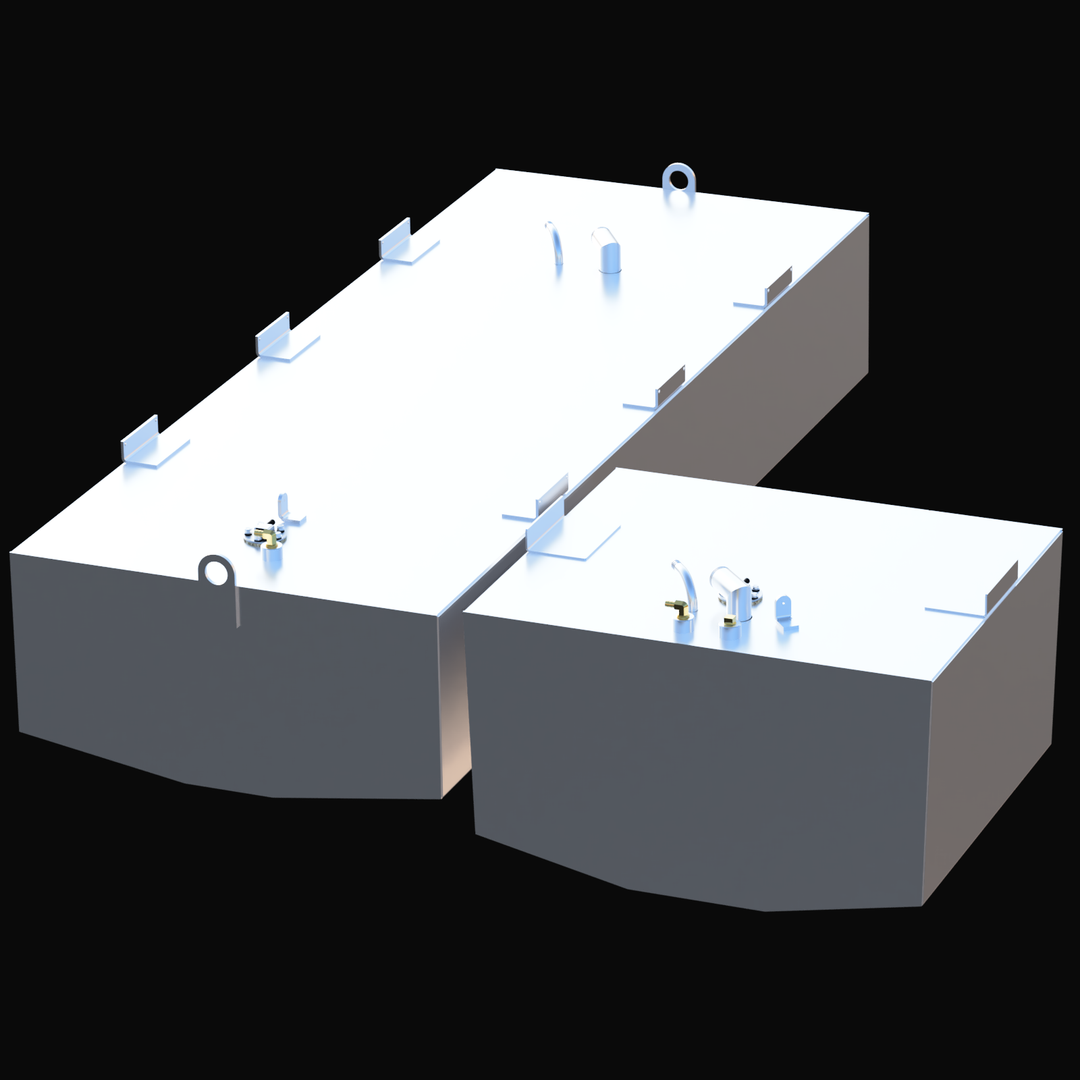 Mako 24 (1994) aluminum fuel tank set (Main & Aux) perspective view showing mounting tabs and fittings.