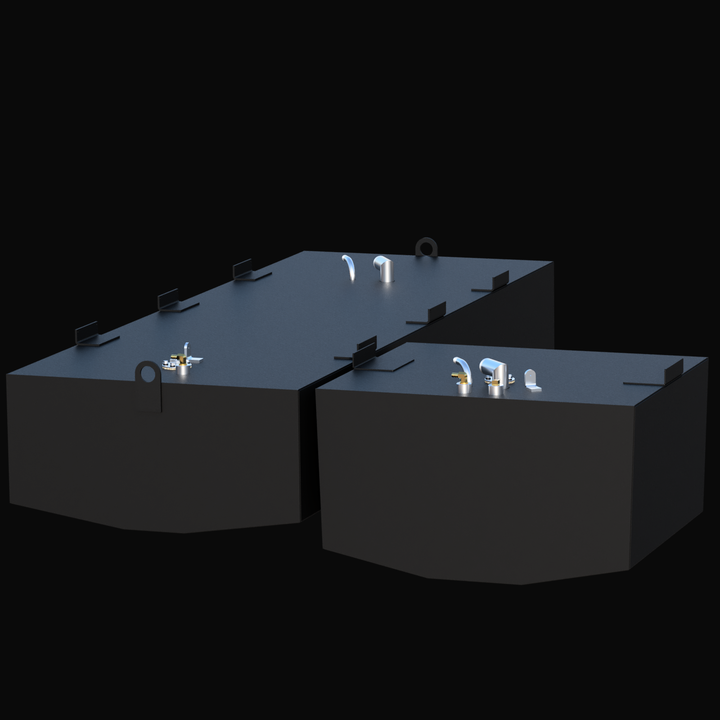 Mako 24 (1994) fuel tank set: 126 gal main and 48 gal aux units. Perspective view showing mounting tabs and fittings.