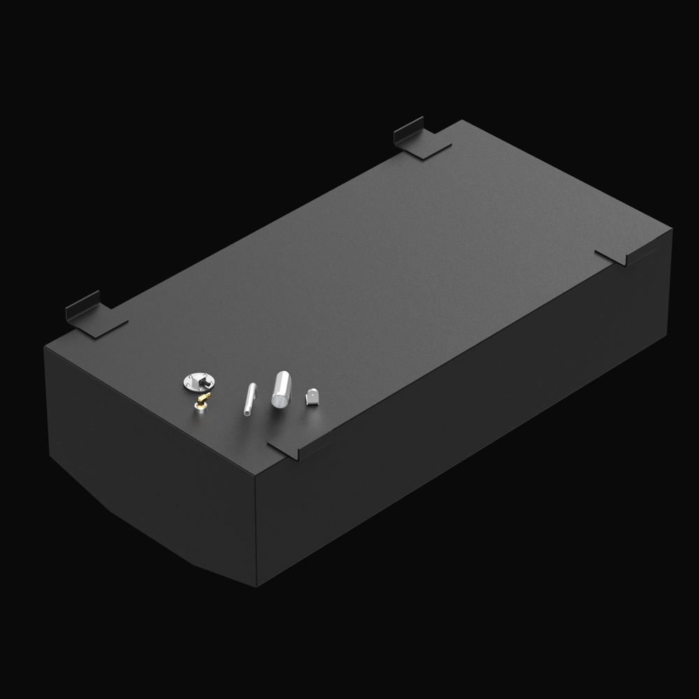 Black rectangular marine fuel tank with various fittings and attachments on top, shown on a black background