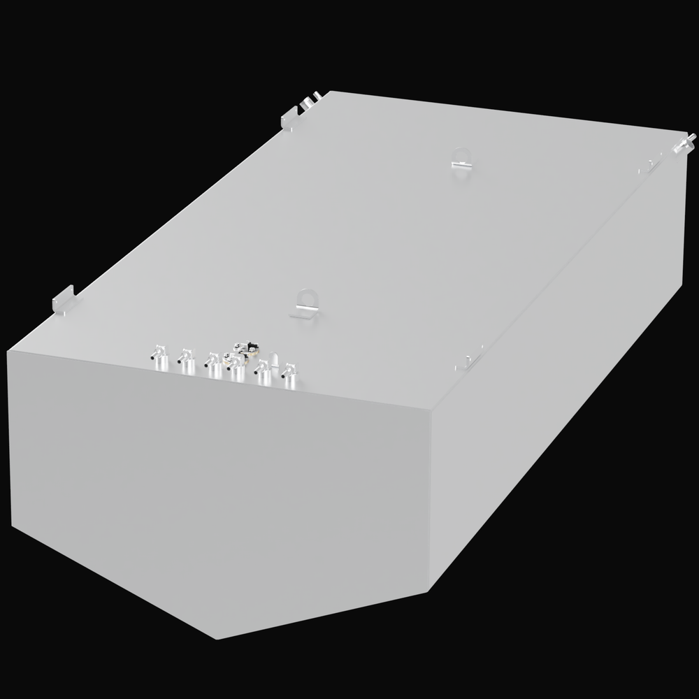 A 3D render of a Midnight Express 480-gallon OEM replacement fuel tank, showing an angled view of the large, light grey tank with its multiple fittings, D-rings, and mounting tabs on the top surface, against a black background.