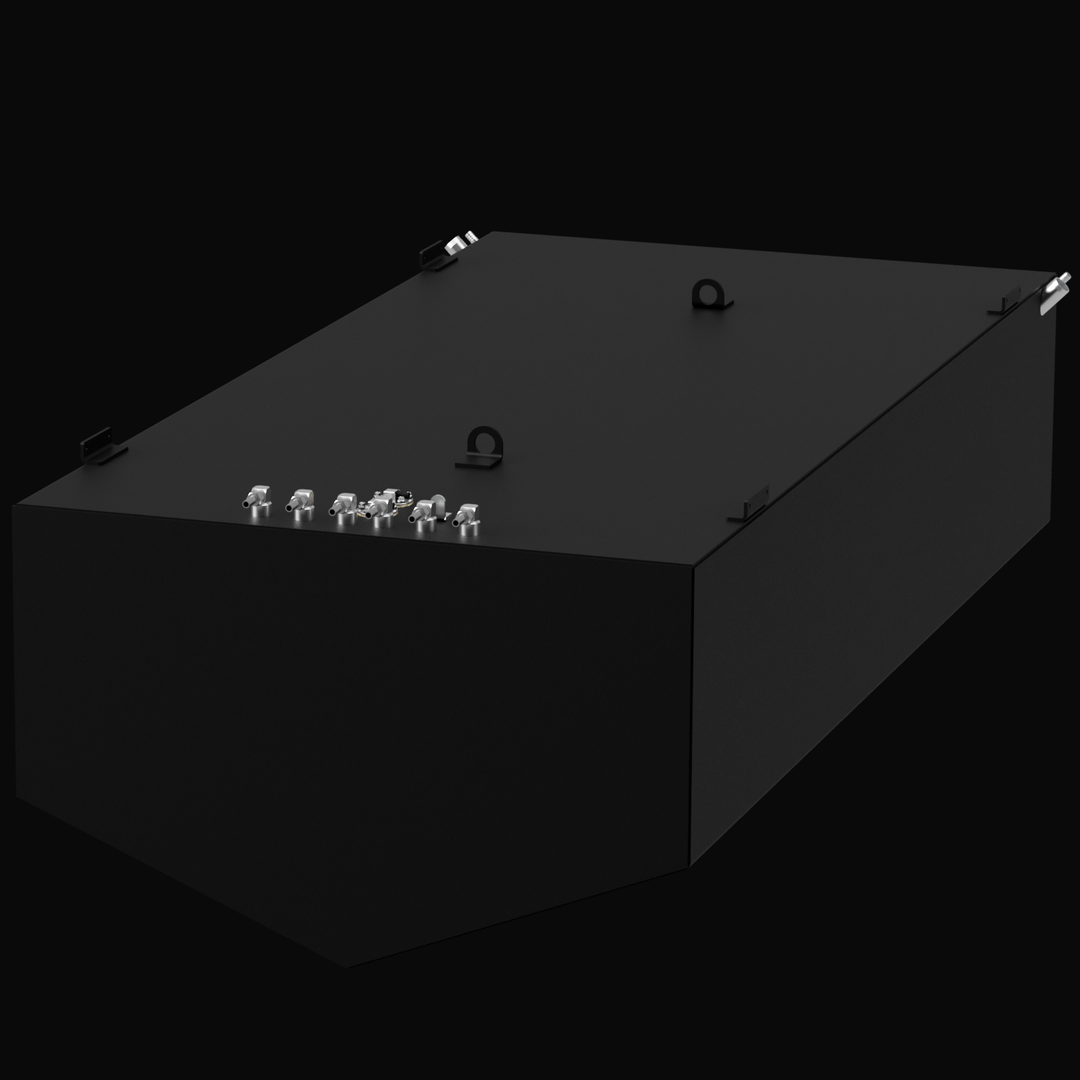 A 3D render showing an angled, top-down view of a large, dark grey boat fuel tank with multiple silver-colored fittings, D-rings, and mounting tabs on its top surface, against a black background.