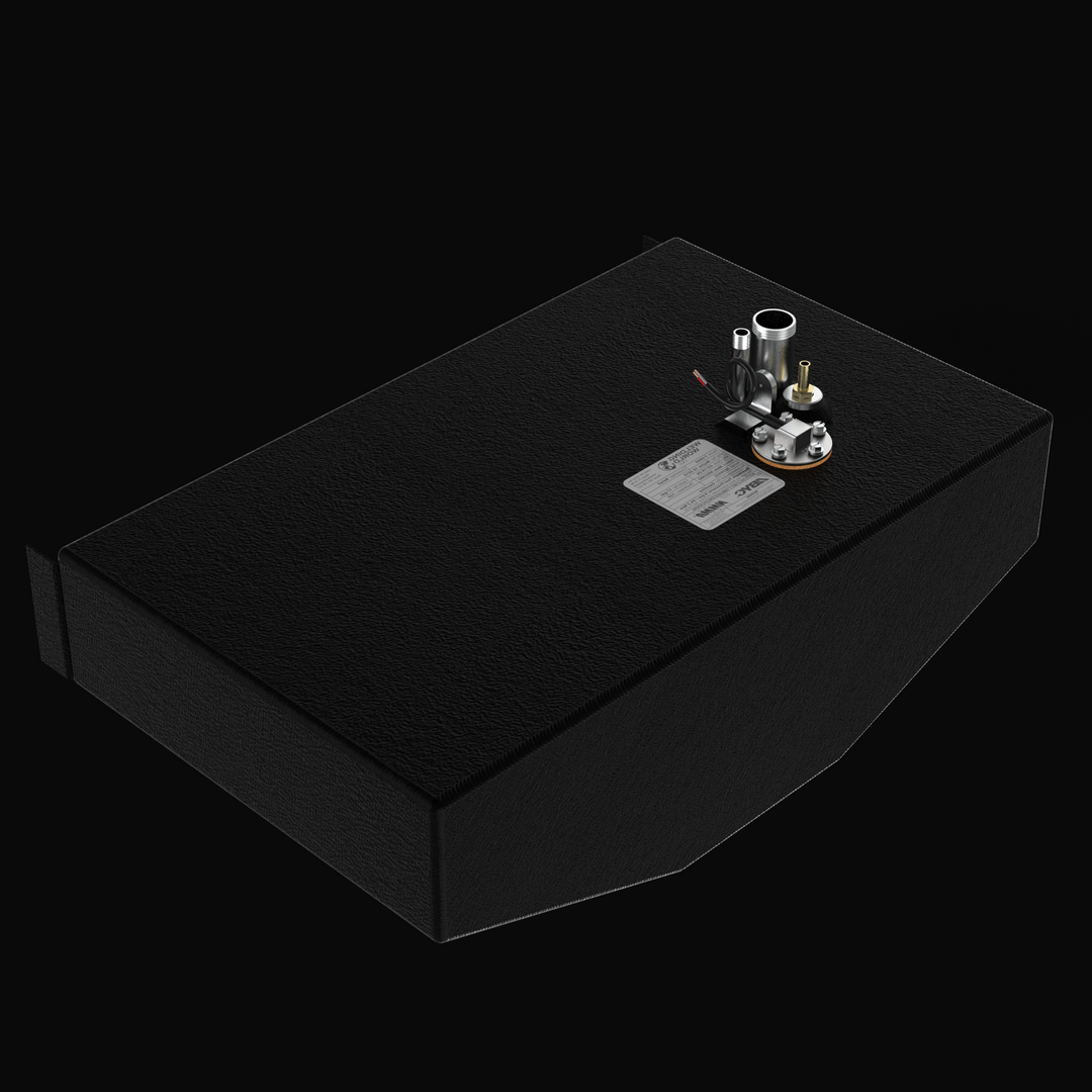 Finished 17-gallon Mojito 16 (2010) OEM replacement fuel tank with Coal Tar Epoxy coating. View shows the critical notched hull-clearance corner and precision-welded mounting tabs as specified in CAD #12435-1. This .125" marine aluminum tank is engineered for a guaranteed drop-in fit for the 2010 skiff model.