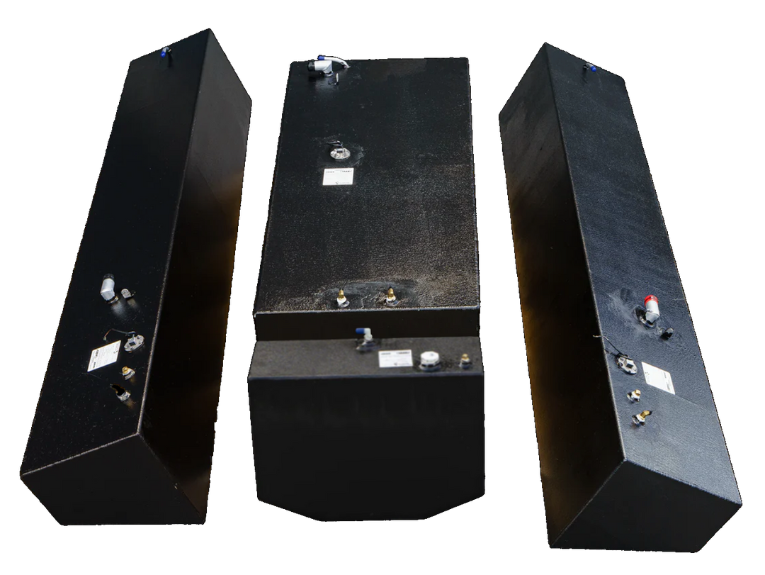 Contender 31' OEM Replacement Fuel Tank Combo Kit featuring one large belly tank with a capacity of 128 gallons, two standard saddle tanks each with a capacity of 85 gallons, and one water tank with a capacity of 21.26 gallons. The tanks are shown from multiple angles, highlighting their sleek black design and various fittings