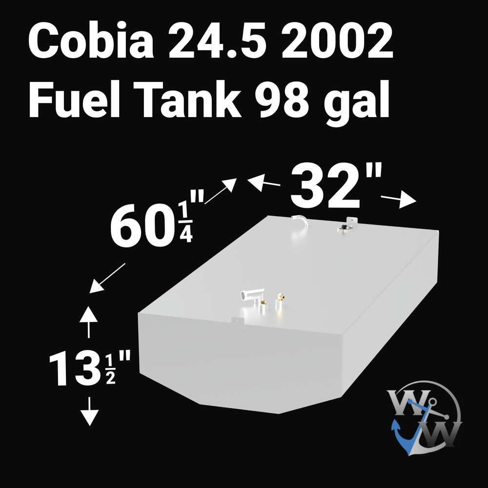 "Diagram of a Cobia 24.5 2002 Fuel Tank with a 98-gallon capacity, showing key dimensions: a length of 60 and 1/4 inches, a width of 32 inches, and a height of 13 and 1/2 inches."