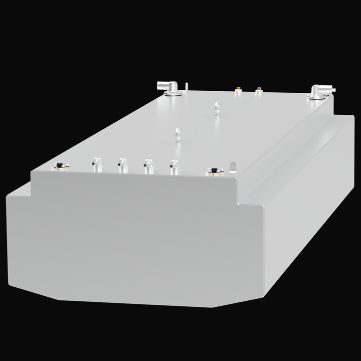 Perspective view of a silver aluminum Nor-Tech 340 fuel tank (271 gal). The 3D rendering displays the tank's rectangular shape with stepped sides and a V-tapered bottom. Top-mounted hardware is clearly visible, including four vent fittings, two fill ports, and central lifting eyes.