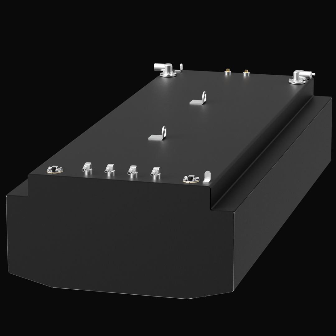 "A 3D rendering of a black, 271-gallon marine fuel tank for a Nor-tech 340 boat. The rectangular tank features a stepped design and is equipped with silver-colored hardware on the top surface, including four vent/return fittings, two fill ports, fuel level senders, and two lifting lugs."
