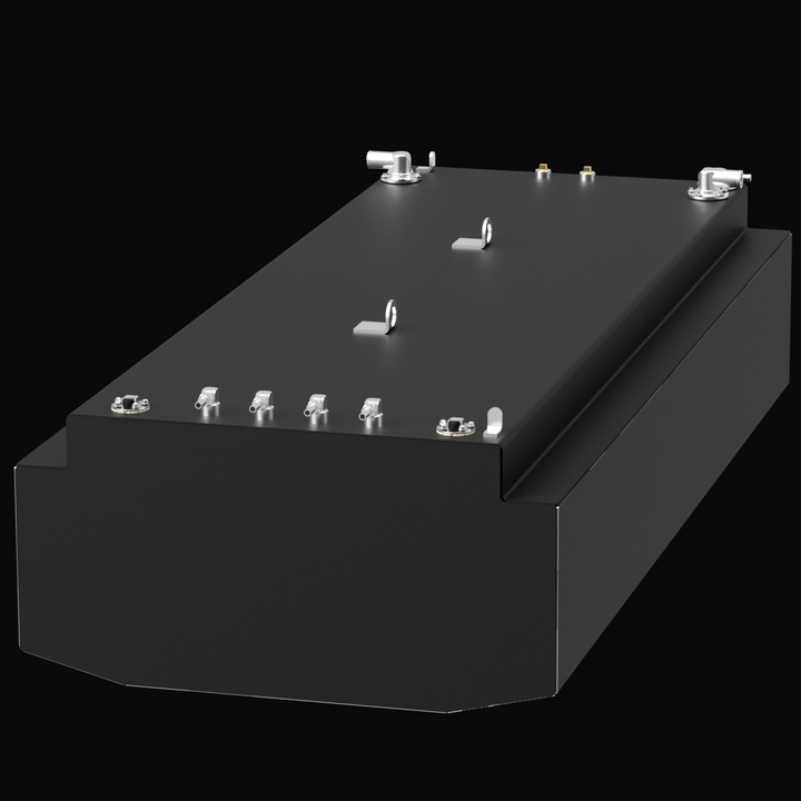 "A 3D rendering of a black, 271-gallon marine fuel tank for a Nor-tech 340 boat. The rectangular tank features a stepped design and is equipped with silver-colored hardware on the top surface, including four vent/return fittings, two fill ports, fuel level senders, and two lifting lugs."