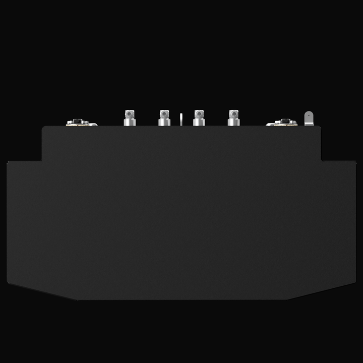 Front elevation view of a matte black Nor-Tech 340 marine fuel tank. The profile highlights the tank's V-tapered bottom and stepped sides. Visible silver hardware on the top surface includes two outer fill ports, four central vent fittings, and a fuel level sender unit on the right side.