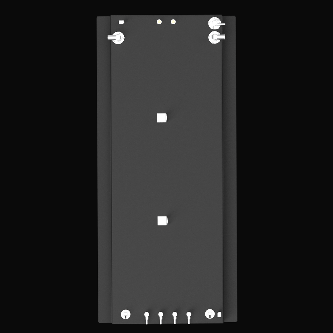 "Overhead plan view of the black Nor-Tech 340 fuel tank. The layout shows the precise arrangement of top-mounted hardware: a row of four vent fittings and two sender units at the front (bottom of image), two central L-bracket lifting points, and two large elbow fittings at the rear (top of image).