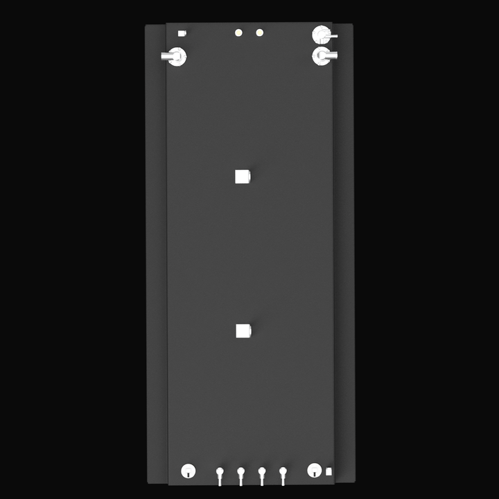 "Overhead plan view of the black Nor-Tech 340 fuel tank. The layout shows the precise arrangement of top-mounted hardware: a row of four vent fittings and two sender units at the front (bottom of image), two central L-bracket lifting points, and two large elbow fittings at the rear (top of image).