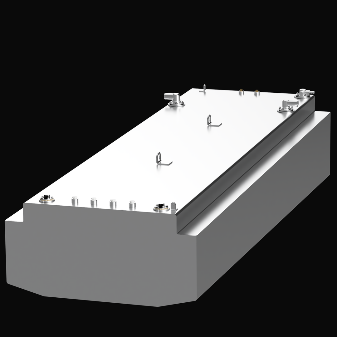 A professional 3D studio render of a matte charcoal-grey Nort-Tech 360 replacement fuel tank, shown from a high-angle, three-quarter perspective against a solid black background. The tank features a stepped rectangular geometry with multiple silver metallic hardware components on the top surface, including threaded intake ports, valves, and two centered L-shaped mounting brackets.
