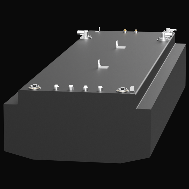 A 3D product visualization of a large, matte grey aluminum fuel tank. The camera is positioned above and to the side, showcasing the tank's length and height. The render emphasizes the contrast between the dark textured finish of the tank body and the polished silver fittings and connectors on top.