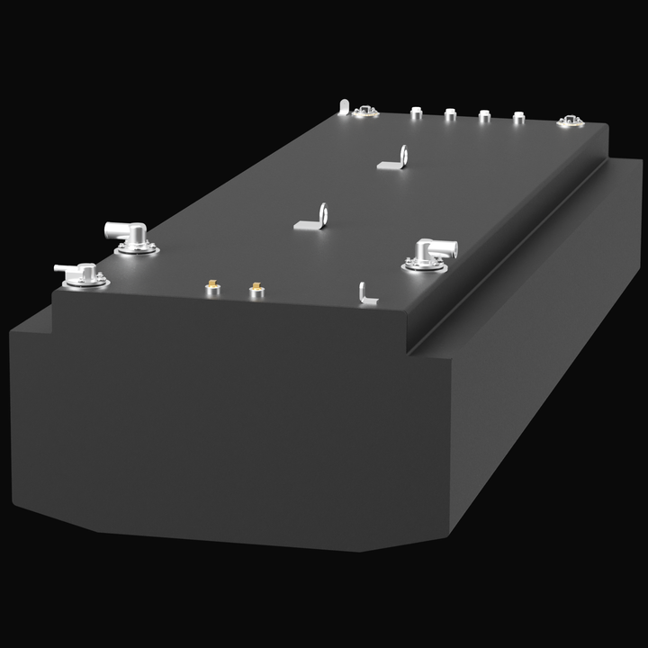High-angle, three-quarter view of a dark grey Nort-Tech 360 replacement fuel tank. The render highlights a matte textured finish with several silver-colored inlets, outlets, and pressure-testing ports along the top edge. Two L-shaped mounting brackets are centered on the top panel, all set against a high-contrast black background to emphasize the tank's geometry.