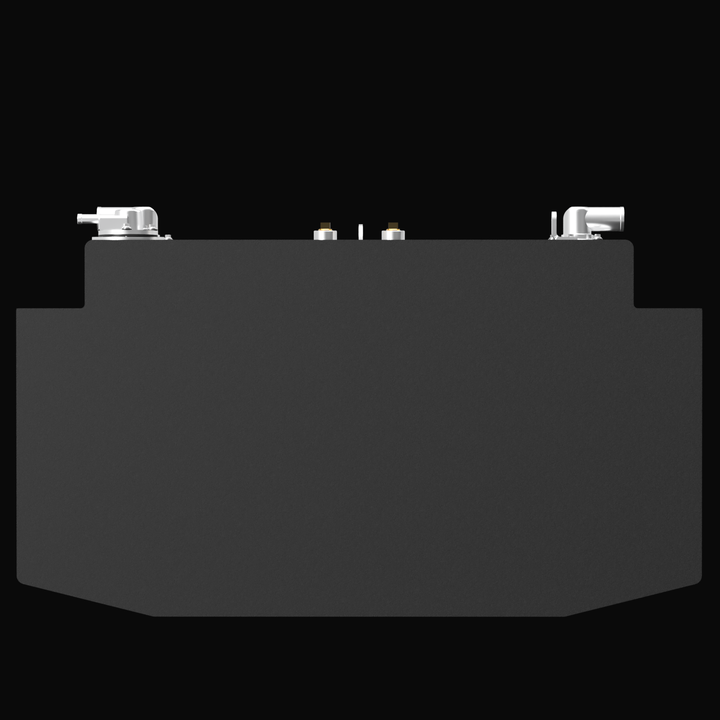 A close-up, low-angle 3D render of a matte charcoal-grey marine fuel tank, focusing on the precision silver fittings and the textured finish of the aluminum body.