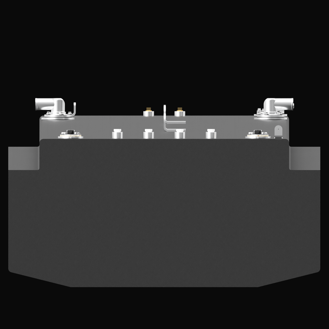 A professional 3D studio render of a matte charcoal-grey Nort-Tech 360 replacement fuel tank, shown from a high-angle, three-quarter perspective against a solid black background. The tank features a stepped rectangular geometry with multiple silver metallic hardware components on the top surface, including threaded intake ports, valves, and two centered L-shaped mounting brackets.