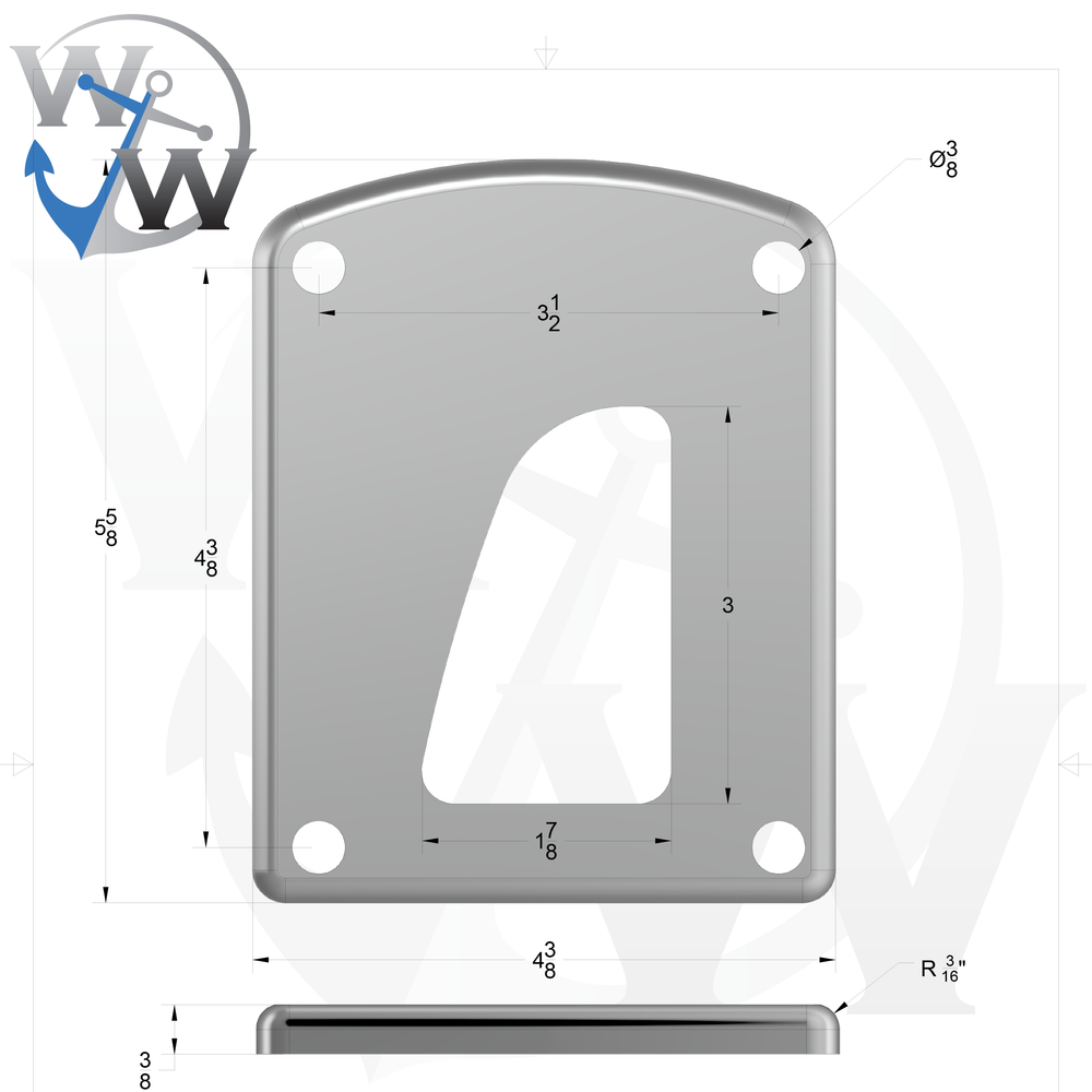 OMX 0001-L 3/8" 3" x 2" D-Pipe Aluminum Grommet Pad - Spec Sheet Drawing