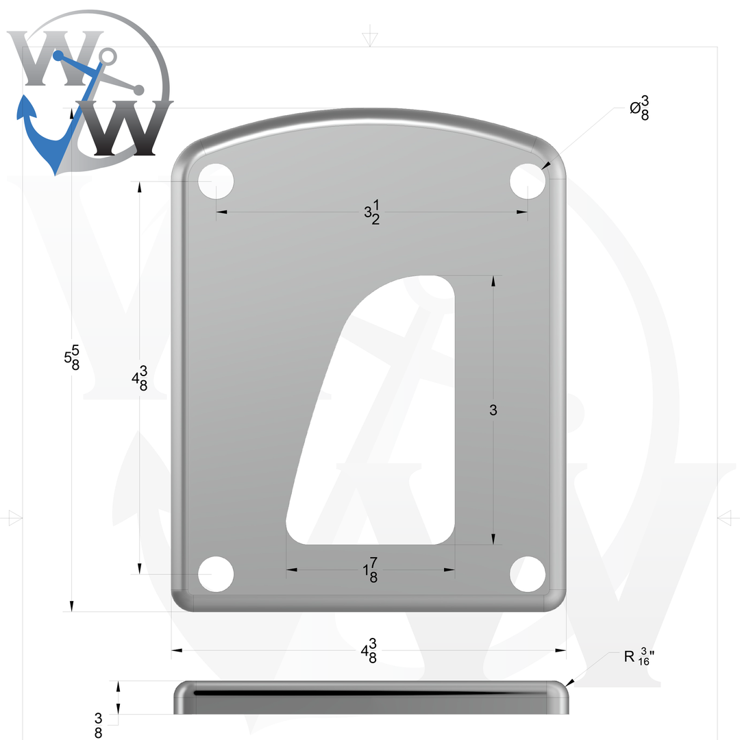OMX 0001-L 3/8" 3" x 2" D-Pipe Aluminum Grommet Pad - Spec Sheet Drawing