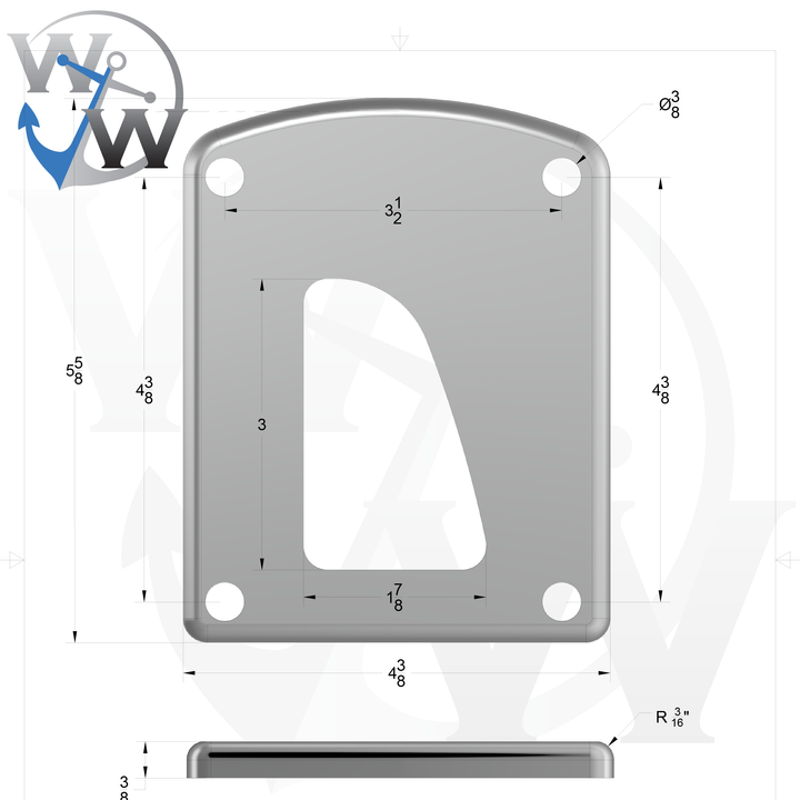 OMX 0001-R 3/8" 3" x 2" D-Pipe Aluminum Grommet Pad - Spec Sheet Drawing