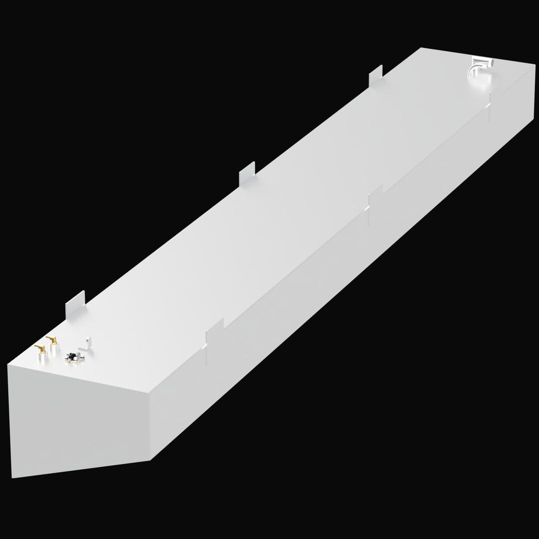 A technical product diagram labeled "Parker 2801 STBD Fuel Tank 150 gal". It displays a 3D rendering of a long, silver, aluminum marine fuel tank. White arrows clearly mark the dimensions: 138 inches in length, 20 1/2 inches in width, and 16 1/2 inches in height.