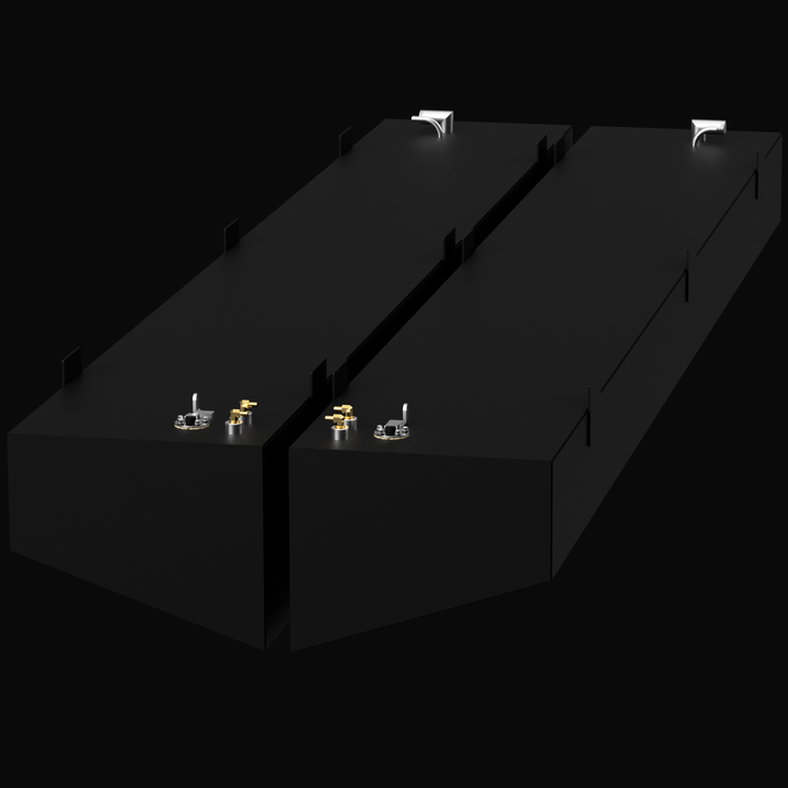 Diagram of a black Renegade 21 Water Tank with a 14-gallon capacity. The dimensions are indicated as 26 1/2 inches in length, 14 1/8 inches in width, and 10 inches in height. Connection fittings are visible on the top surface of the tank.
