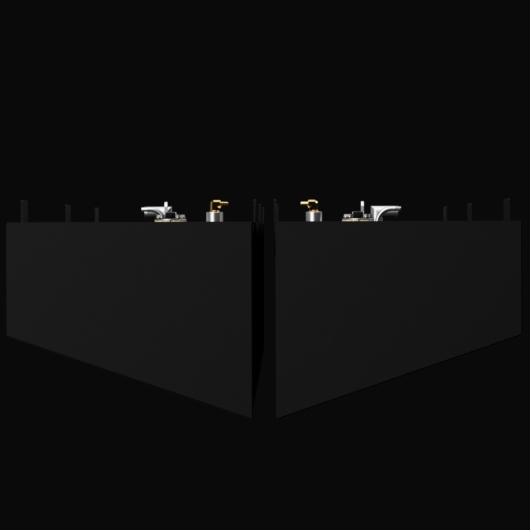 A close-up 3D rendering of the front section of the silver aluminum fuel tank. This angle focuses on the primary fitting cluster installed on the top surface, showing a circular fuel sending unit with screw mounts and two brass elbow fittings (pickup and vent). It also highlights the first of the rectangular mounting tabs welded to the side