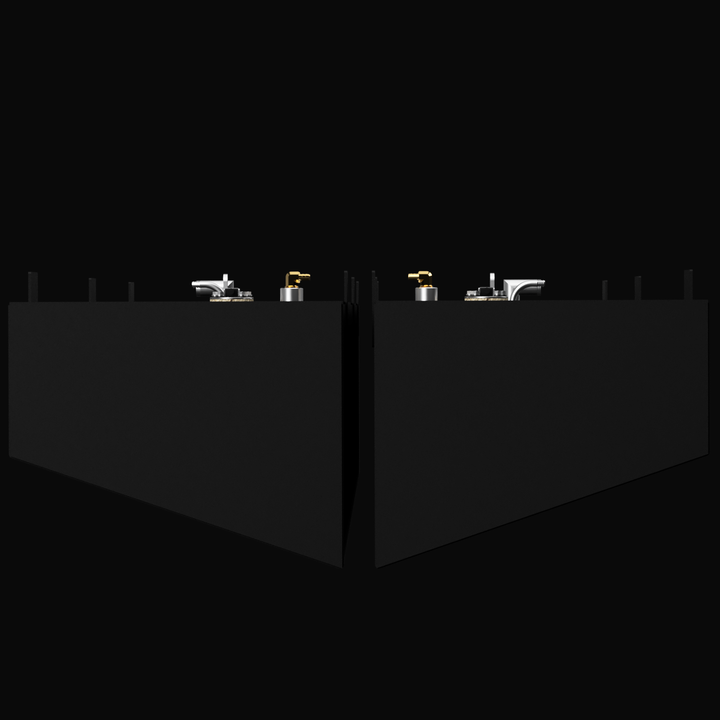 A close-up 3D rendering of the front section of the silver aluminum fuel tank. This angle focuses on the primary fitting cluster installed on the top surface, showing a circular fuel sending unit with screw mounts and two brass elbow fittings (pickup and vent). It also highlights the first of the rectangular mounting tabs welded to the side