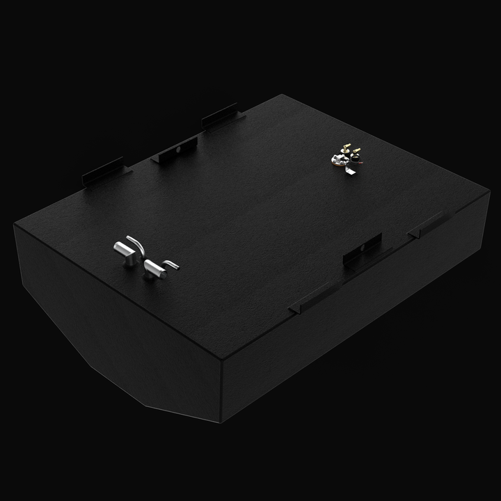 Isometric view of a heavy-duty Regulator marine fuel tank replacement. The 3D profile highlights the rugged aluminum construction with a protective Coal Tar Epoxy finish, showcasing the precision-welded mounting flanges and the integrated fuel component layout including the fill, vent, and pickup ports.