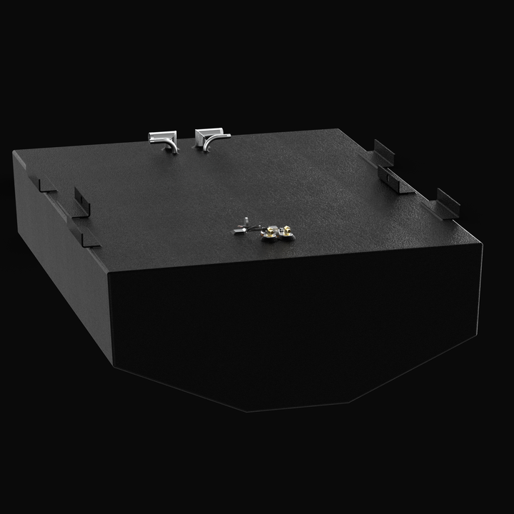Top-down technical identification of a Regulator marine fuel tank surface. This SEO-optimized image highlights the precision-engineered component layout, featuring the high-flow fuel fill port, threaded vent barb, dual anti-siphon fuel pickups, and the 5-bolt pattern fuel level sender. The heavy-duty .190 aluminum is fully encapsulated in a protective Coal Tar Epoxy finish, ensuring the unit meets all ABYC, USCG, and NMMA safety requirements for offshore fuel systems.