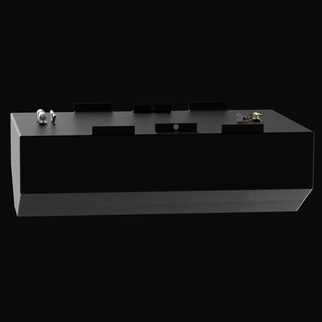 Isometric 3D view of a Regulator marine fuel tank replacement, showcasing the high-durability .190 aluminum construction. The image features the protective Coal Tar Epoxy finish and heavy-duty welded mounting flanges. This direct-fit OEM replacement is designed for high-performance offshore center consoles, ensuring full compliance with ABYC, USCG, and NMMA safety standards.