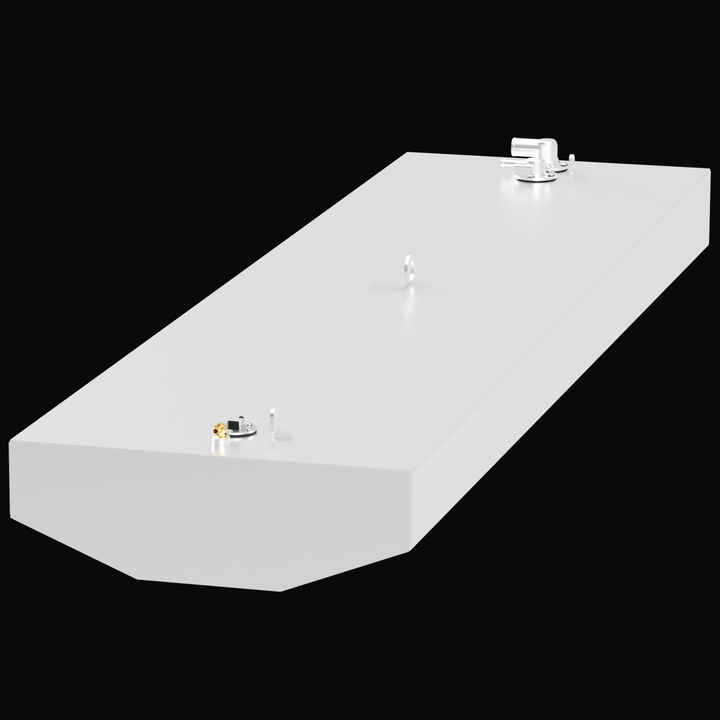 A 3D rendering of a dark gray, rectangular fuel tank on a black background. The tank has a trapezoidal cutout on its front-facing bottom edge. Three prominent metallic fittings, including two angled hoses/necks and one cylindrical fitting, are visible on the top surface.