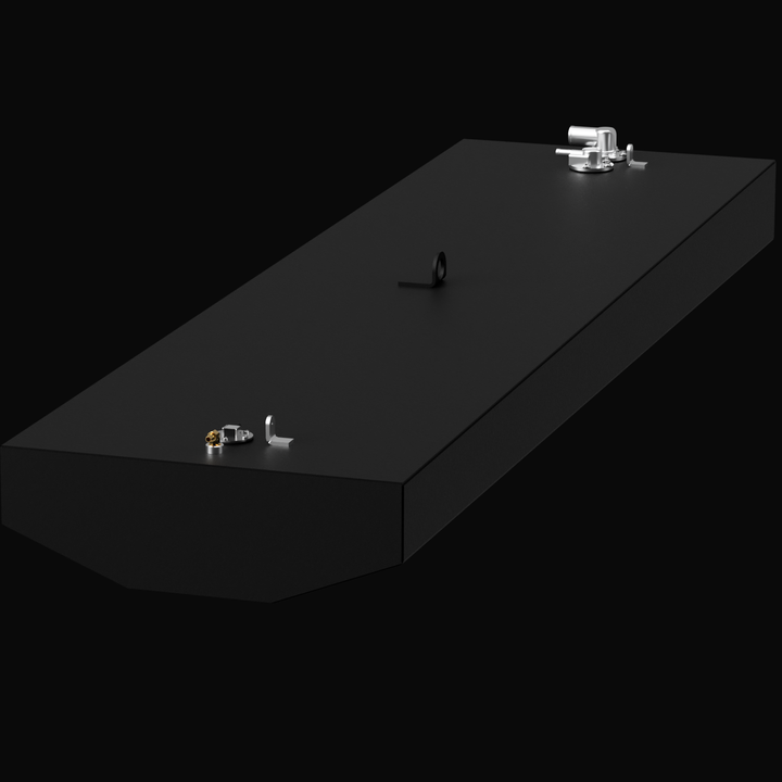 A cubic, dark gray aluminum fuel tank on a black background. The tank is shown from an angled side view and features three shiny metallic fittings on its top surface: two angled hoses/necks and one cylindrical fitting