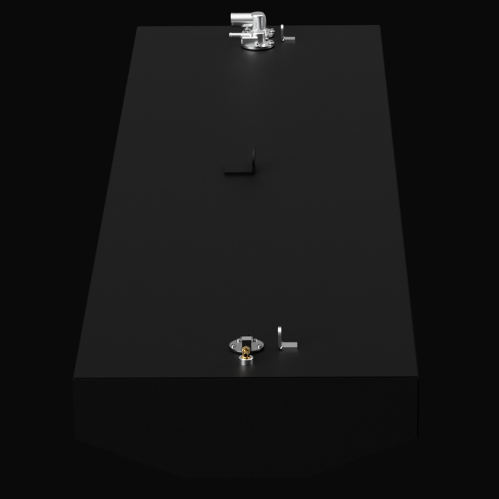 A long, white rectangular fuel tank, viewed from an angle, rendered on a black background. The tank features a large angled cutout on its front edge and has metallic fittings near the front and back of its top surface.