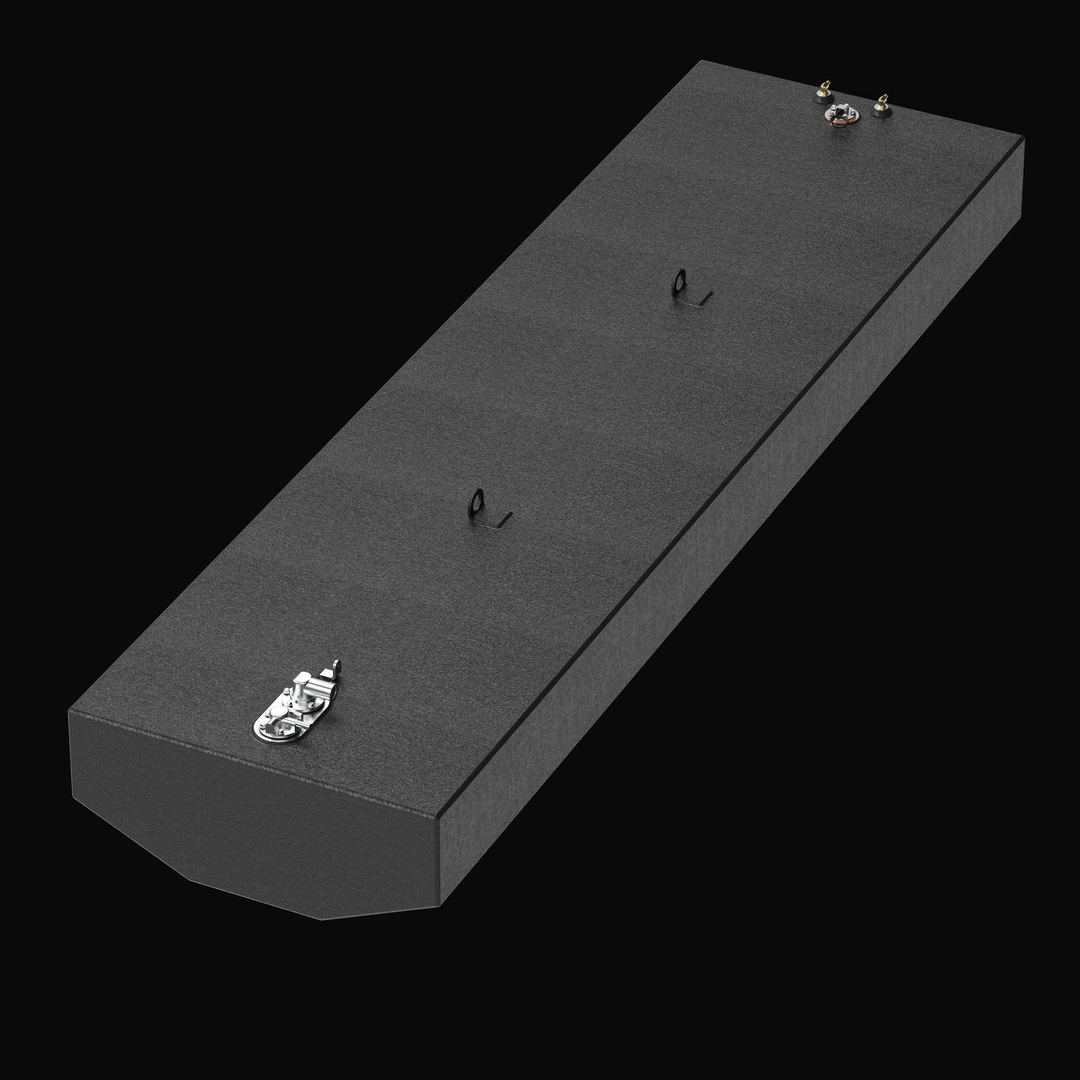 High-angle isometric view of the Renegade 32 replacement fuel tank in silver raw aluminum, displaying the full length, lifting eyes, and fuel sender unit