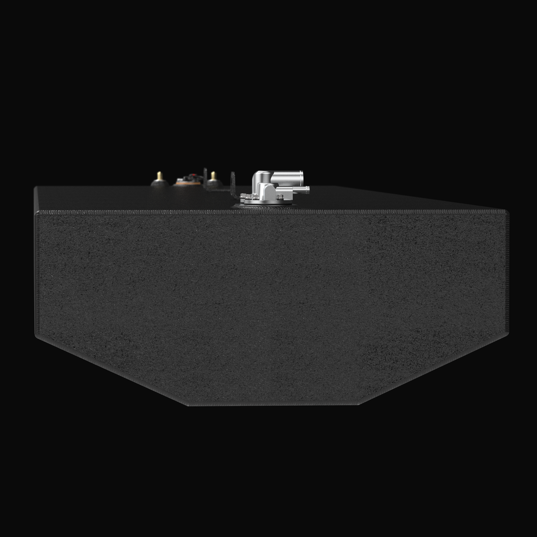 High-angle isometric view of the Renegade 32 replacement fuel tank in silver raw aluminum, displaying the full length, lifting eyes, and fuel sender unit