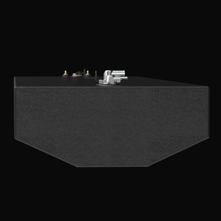 High-angle isometric view of the Renegade 32 replacement fuel tank in silver raw aluminum, displaying the full length, lifting eyes, and fuel sender unit