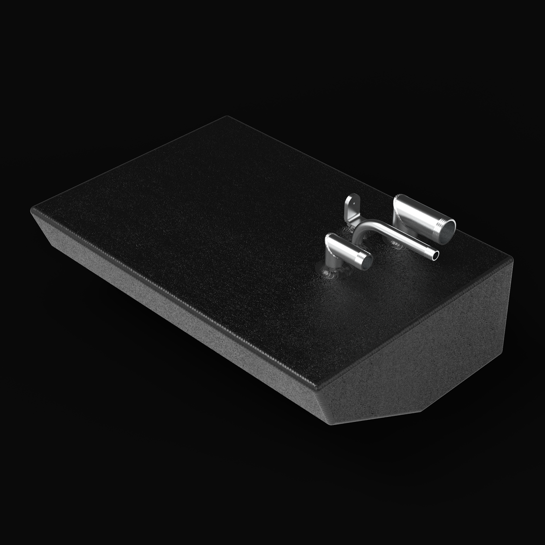 High-angle isometric view of the Renegade 32 replacement fuel tank in silver raw aluminum, showing the full 27-gallon length and top lifting eyes.