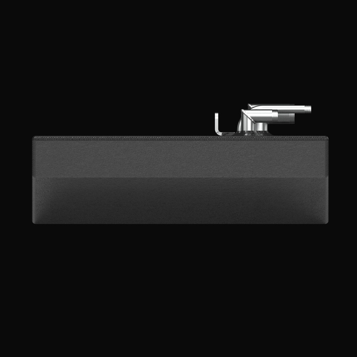 "Renegade 32 auxiliary marine fuel tank side profile with black coating, showing silver top fittings."