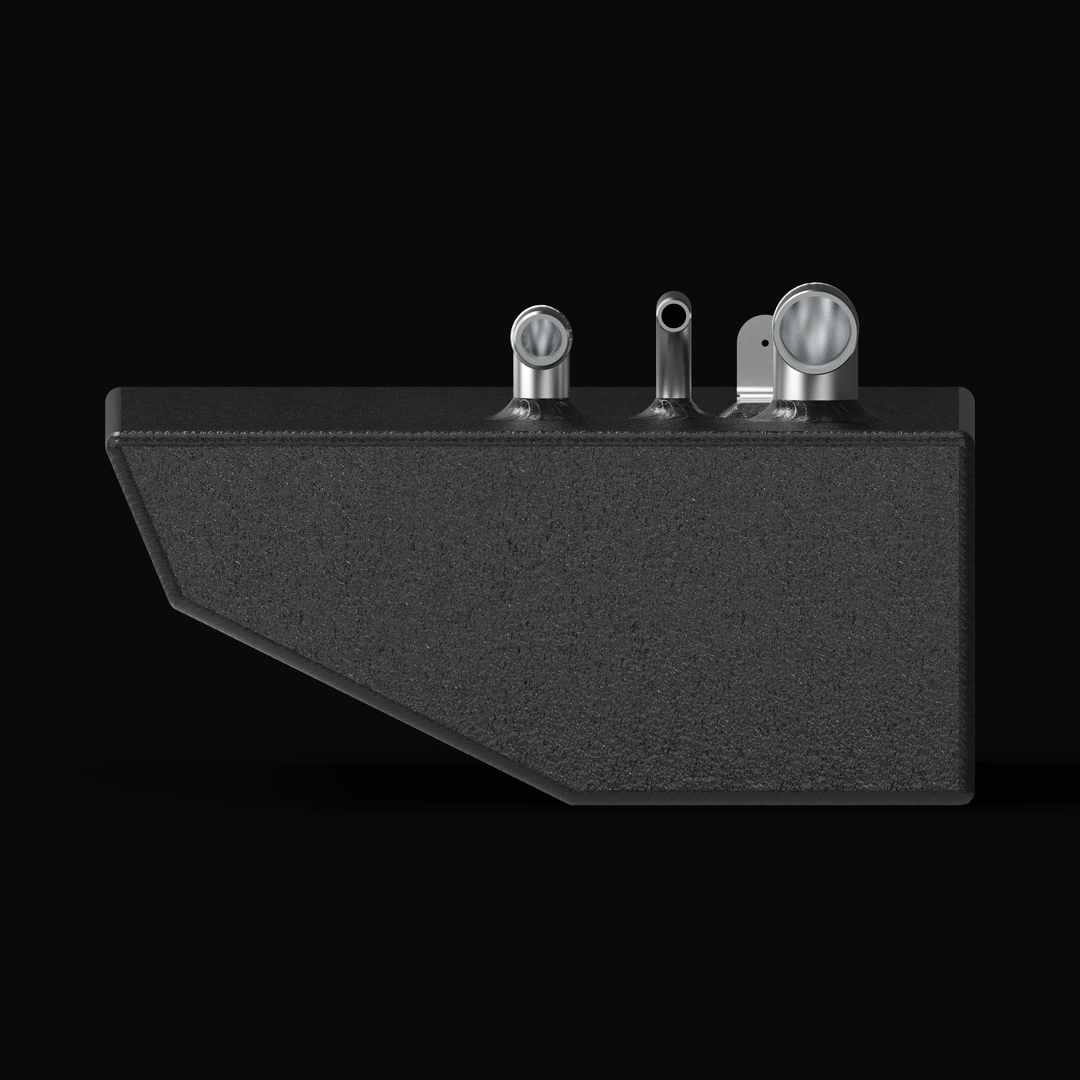 "Renegade 32 auxiliary marine fuel tank side profile with black coating, featuring tapered V-hull and top fittings."