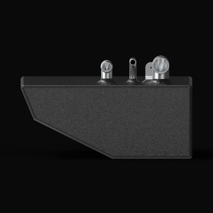 "Renegade 32 auxiliary marine fuel tank side profile with black coating, featuring tapered V-hull and top fittings."