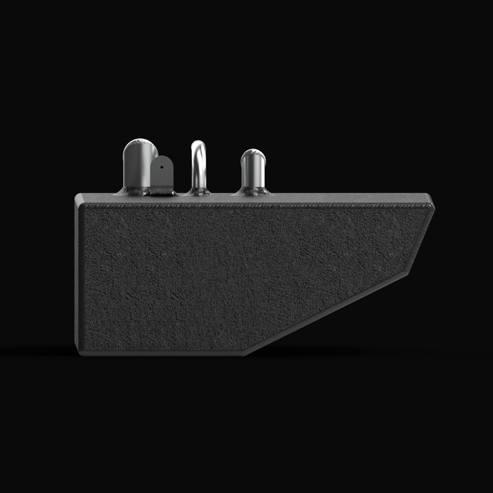 "Renegade 32 auxiliary marine fuel tank side profile with black coating, featuring tapered bottom and silver top fittings."