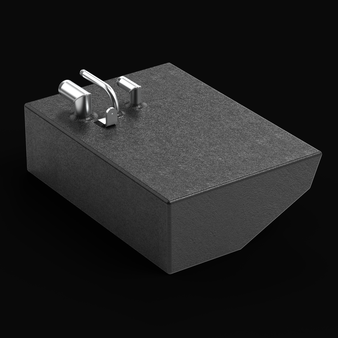 "Renegade 32 auxiliary marine fuel tank with black protective coating, showing silver top fittings and V-hull design."