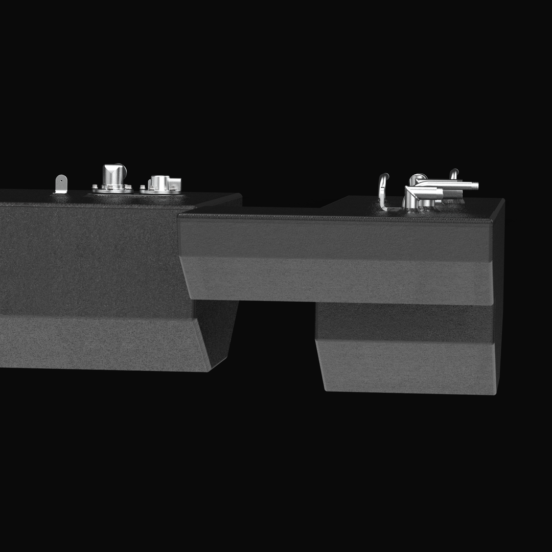 "Renegade 32 replacement marine fuel tank with black protective coating, featuring V-hull design, fill neck, and sender."