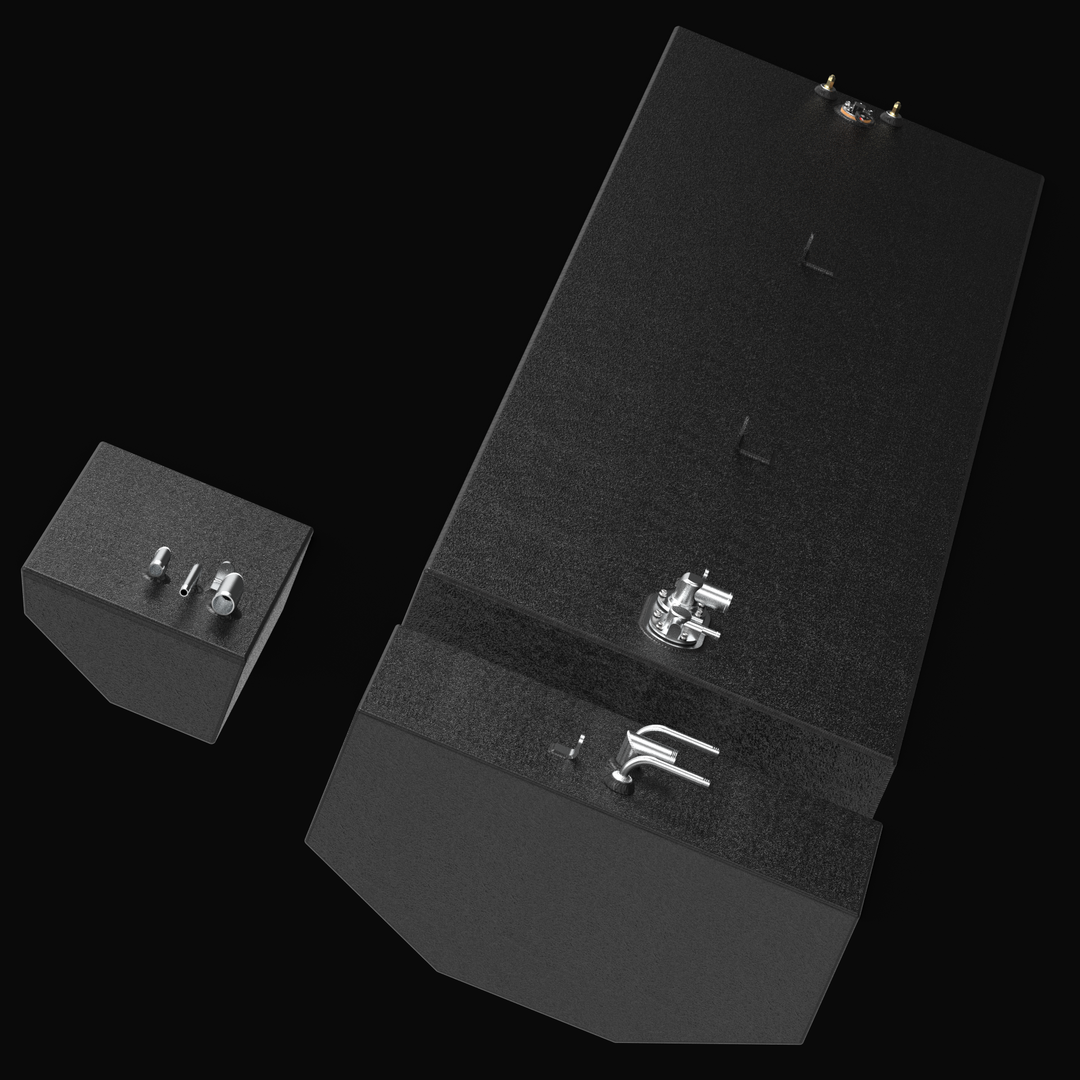"High-angle vertical view of the Renegade 32 fuel tank system with black protective coating, displaying the main tank and two auxiliary tanks in a disassembled layout."