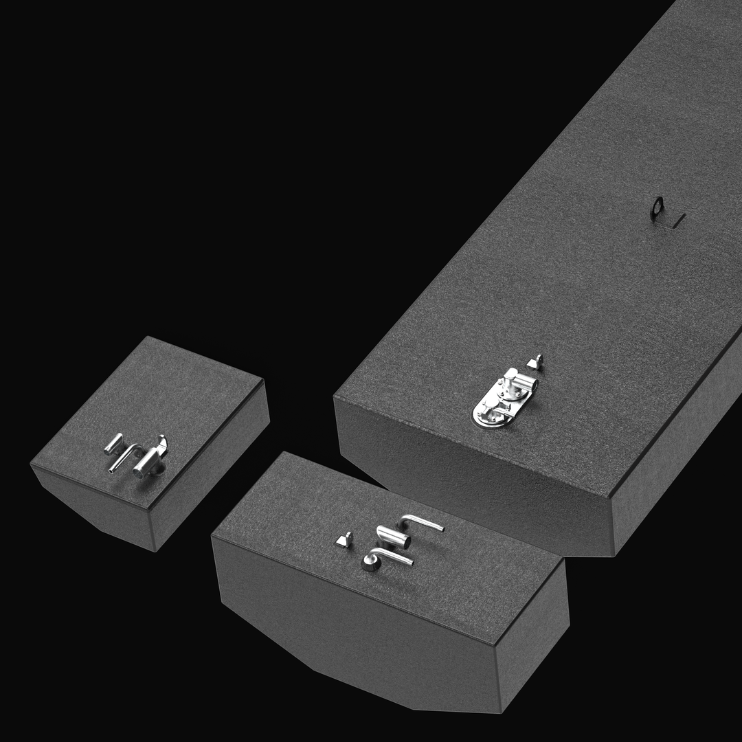 "High-angle exploded view of the Renegade 32 fuel tank system with black protective coating, focusing on the connection fittings of the main tank and two auxiliary tanks."