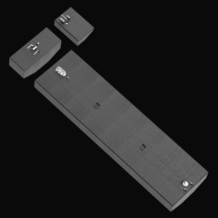 "High-angle exploded view of the complete Renegade 32 fuel tank system with black protective coating, showing the long main tank and two auxiliary saddle tanks positioned above."