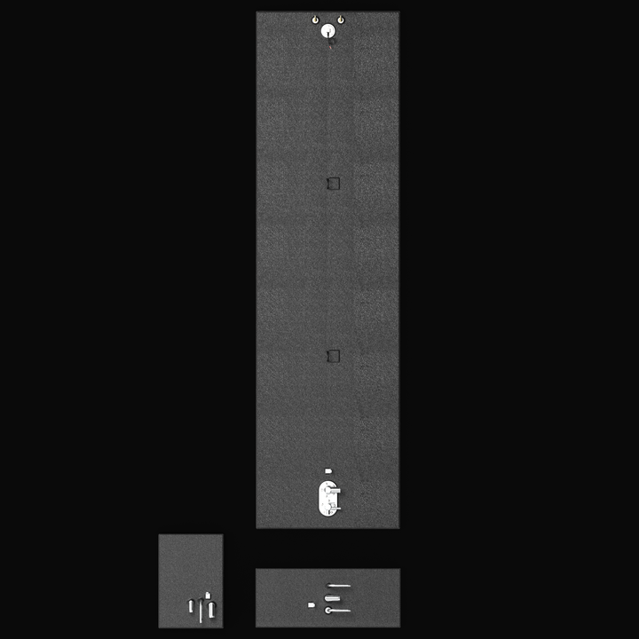"Direct top-down layout view of the complete Renegade 32 fuel tank system with black protective coating, showing the main center tank and two auxiliary tanks."