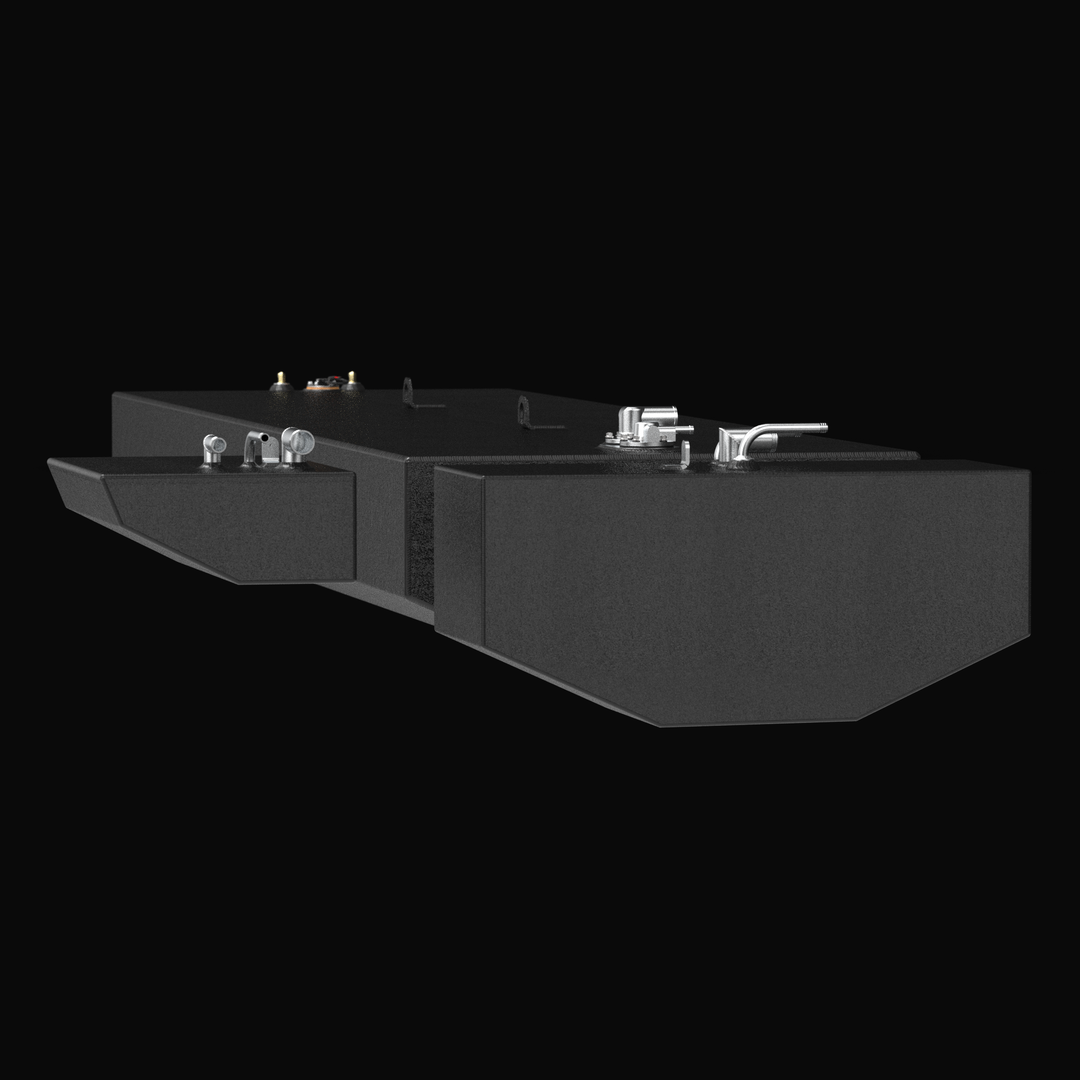 Low-angle side view of the complete Renegade 32 fuel tank assembly, showing the main center tank flanked by two auxiliary saddle tanks, all with black protective coating