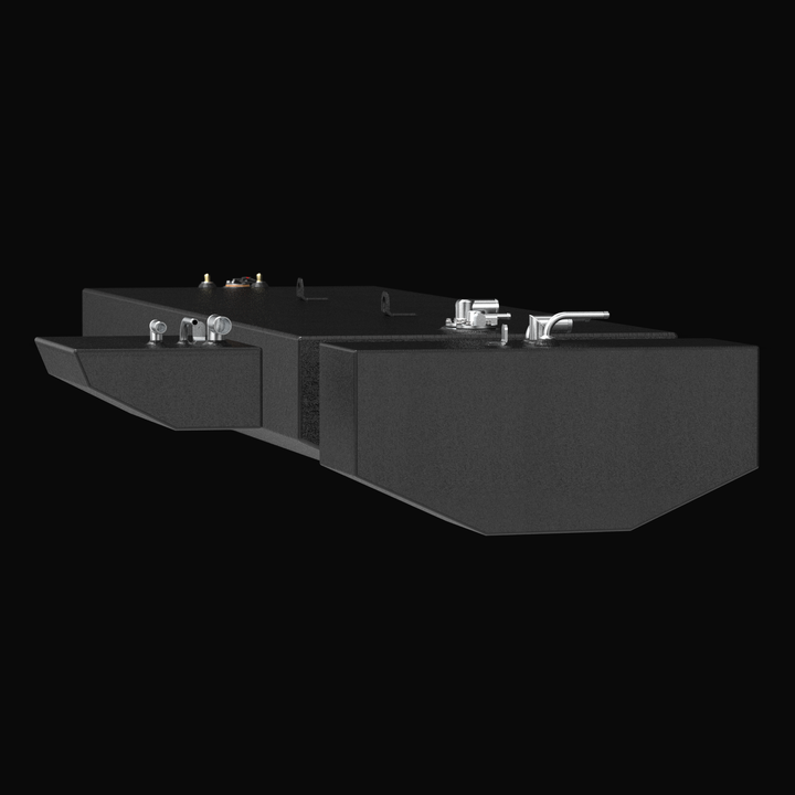 Low-angle side view of the complete Renegade 32 fuel tank assembly, showing the main center tank flanked by two auxiliary saddle tanks, all with black protective coating