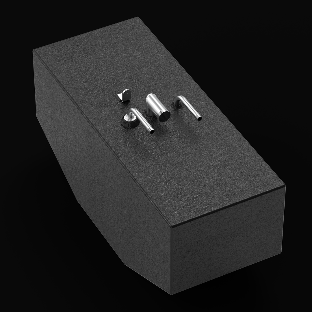 "High-angle isometric view of the small auxiliary tank with black protective coating, displaying the top layout with silver intake/vent tubes and a mounting tab."