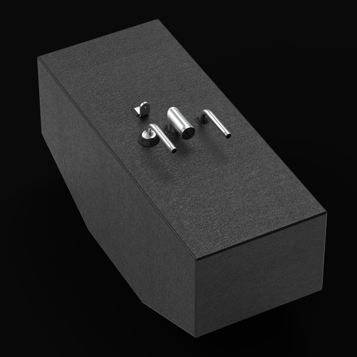 "High-angle isometric view of the small auxiliary tank with black protective coating, displaying the top layout with silver intake/vent tubes and a mounting tab."